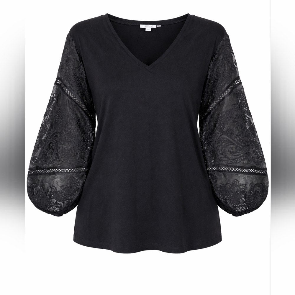 Chico’s Size 4 (US 2X) Pima Cotton/Modal Mixed Media Lace Balloon Sleeve Blouse - Picture 2 of 5